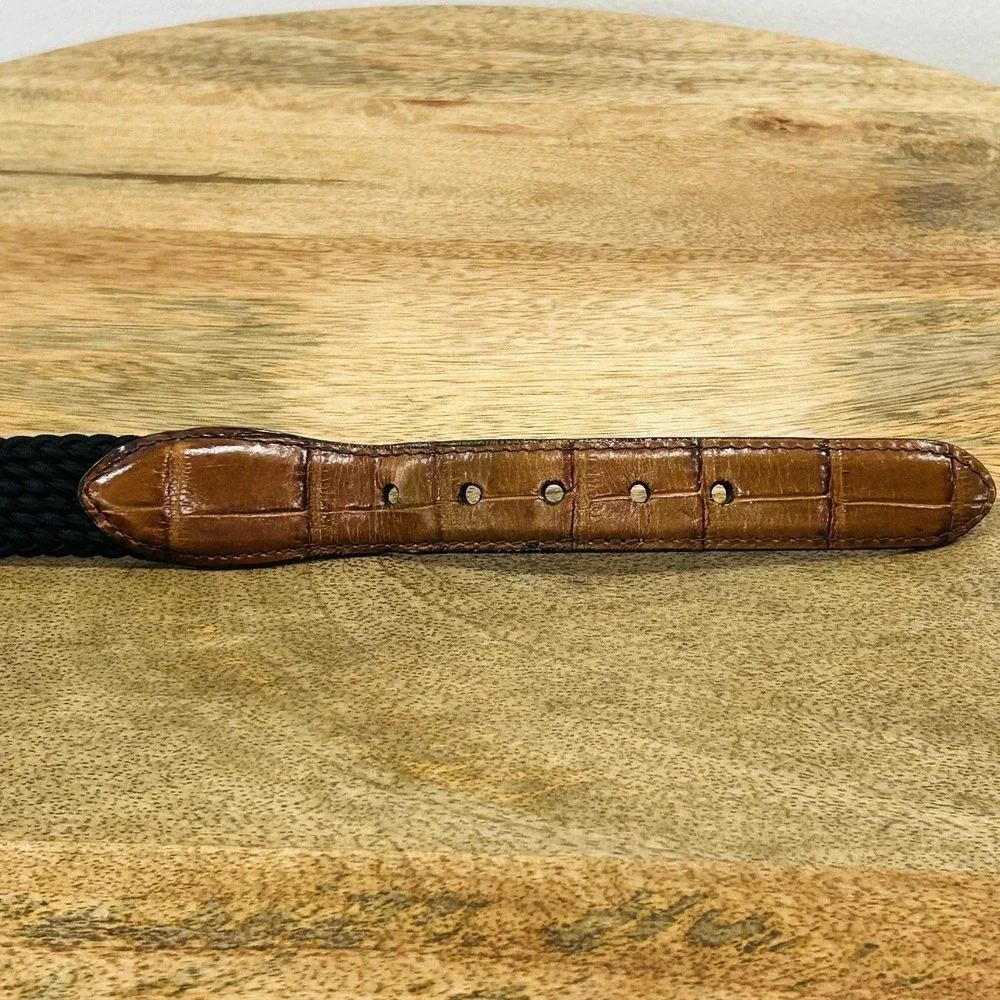 Brighton Elastic Cord Croco Tab Taper Black belt Brass Leather Size 36 USA